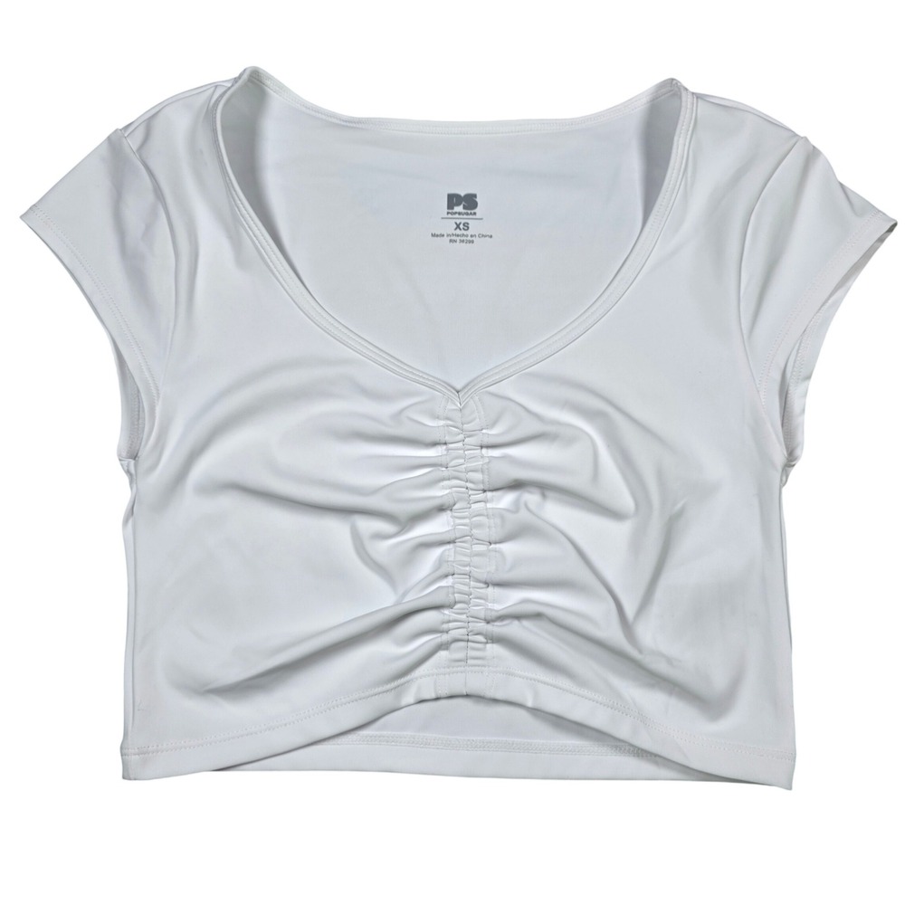 Popsugar PS Womens White Cap Sleeve Ruched Front Cropped Fitted Tee Size XS NWT